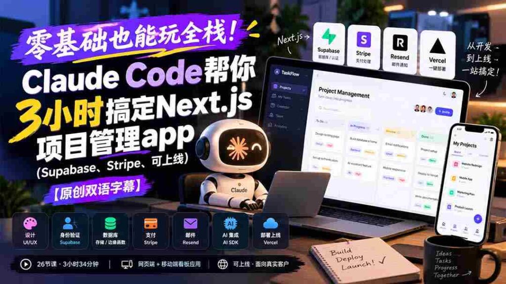 零基础也能玩全栈！Claude Code帮你3小时搞定Next.js项目管理app（Supabase、Stripe、可上线）【原创双语字幕】