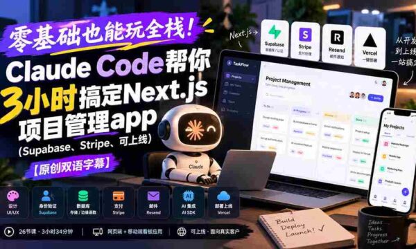 零基础也能玩全栈！Claude Code帮你3小时搞定Next.js项目管理app（Supabase、Stripe、可上线）【原创双语字幕】