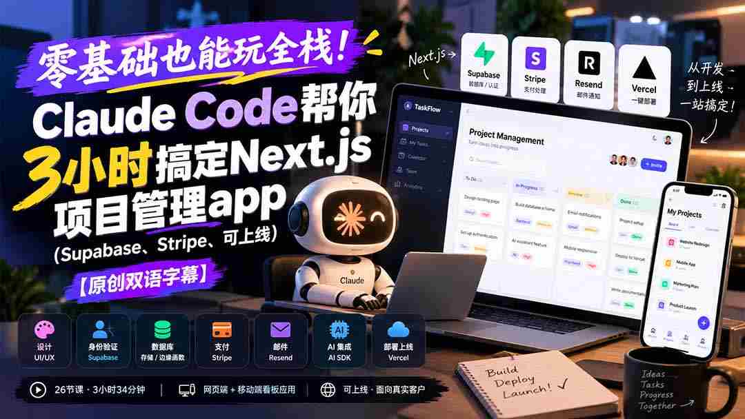 零基础也能玩全栈！Claude Code帮你3小时搞定Next.js项目管理app（Supabase、Stripe、可上线）【原创双语字幕】