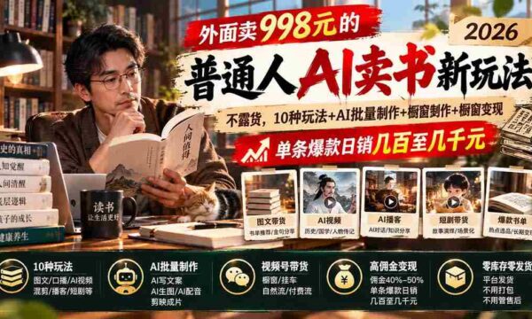 2026年AI助力：998元门槛下的AI卖书革命，无需露脸囤货，多模式创收，AI批量打造爆款，每日销售额轻松破百上千