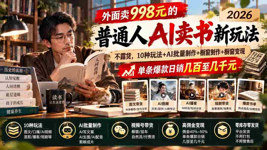 2026年AI助力：998元门槛下的AI卖书革命，无需露脸囤货，多模式创收，AI批量打造爆款，每日销售额轻松破百上千