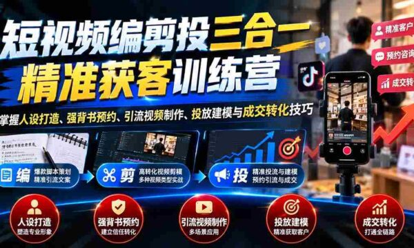 短视频一体化运营课程：一网打尽人物塑造、权威预约、吸粉视频创作、投放策略与销售转化艺术
