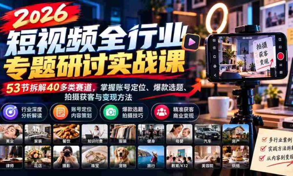 2026短视频领域深度解析实战研讨会：1010版全面升级，解析53节课程，涵盖40余赛道，揭秘账号定位、热门选题、拍摄技巧与盈利策略