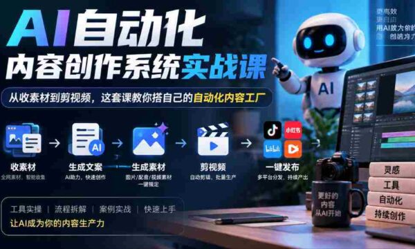 AI自动化内容创作系统实战课，从收素材到剪视频，这套课教你搭自己的自动化内容工厂