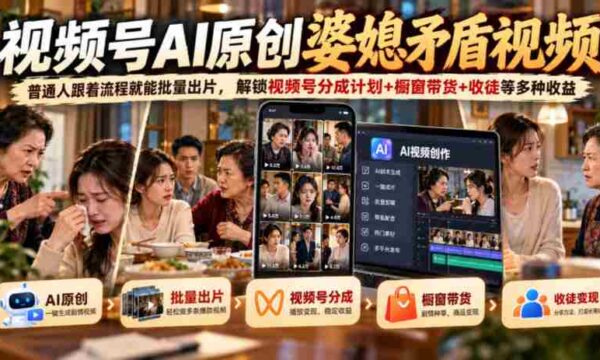 婆媳矛盾题材短视频AI制作，轻松上手批量制作，揭秘视频号多元盈利策略：分成分成+橱窗带货+徒弟招募