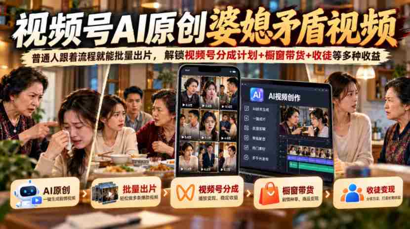 婆媳矛盾题材短视频AI制作，轻松上手批量制作，揭秘视频号多元盈利策略：分成分成+橱窗带货+徒弟招募