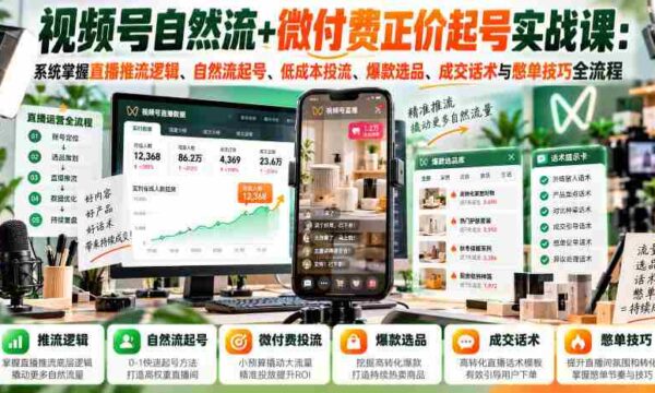 视频号自然流+微付费正价起号实战课：系统掌握直播推流逻辑、自然流起号、低成本投流、爆款选品、成交话术与憋单技巧全流程