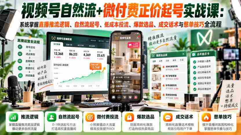 视频号自然流+微付费正价起号实战课：系统掌握直播推流逻辑、自然流起号、低成本投流、爆款选品、成交话术与憋单技巧全流程