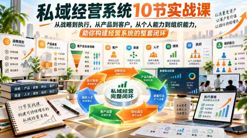 10堂私域运营精髓课程，全方位解析战略执行、产品客户、个人组织能力，构建经营闭环全方位指南