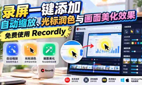 轻松录制，一触即达：Recordly助力画面自动放大、精准光标修饰与视觉优化，畅享免费体验