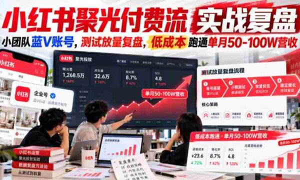 小红书聚光付费流实战复盘｜小团队蓝V账号，测试放量复盘，低成本跑通单月50‑100W营收【文档】