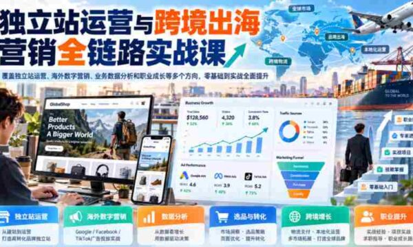 独立站运营与跨境出海营销全链路实战课，覆盖独立站运营、海外数字营销、业务数据分析和职业成长等多个方向，零基础到实战全面提升