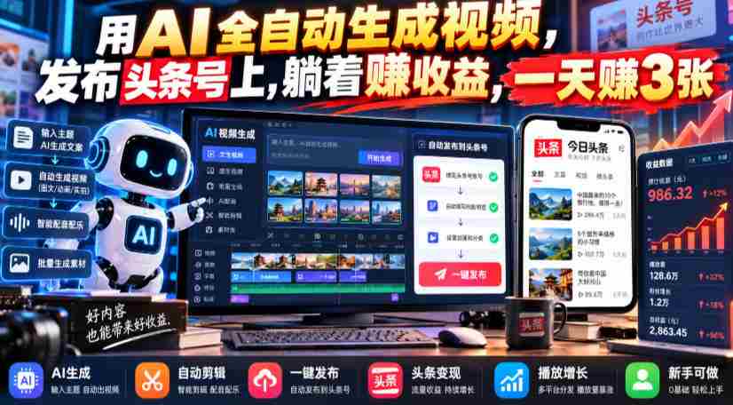 AI技术助力，轻松一键生成热门视频，入驻头条号躺赚收益，日入千赚不再是梦