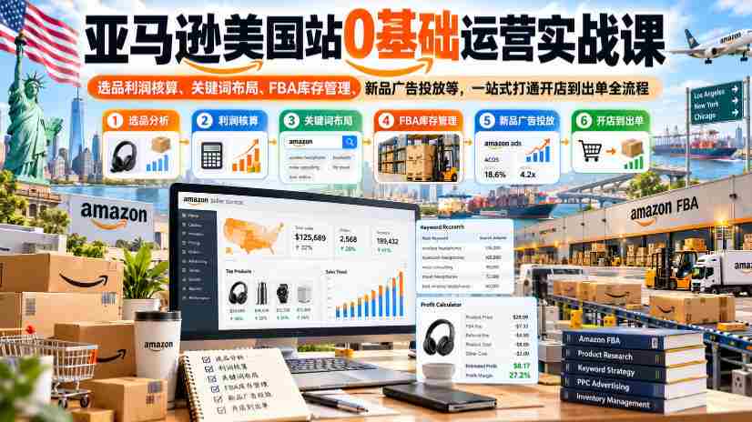 亚马逊美国市场开店攻略：从零开始，全方位掌握选品盈利、关键词优化、FBA库存掌控及广告投放技巧，一站式实现店铺到订单的完整流程学习