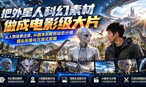 将科幻外星人元素打造成为电影巨制：全方位重现角色与场景、AI剧本剖析、动态分镜制作、镜头过渡与沉浸式剪辑技艺