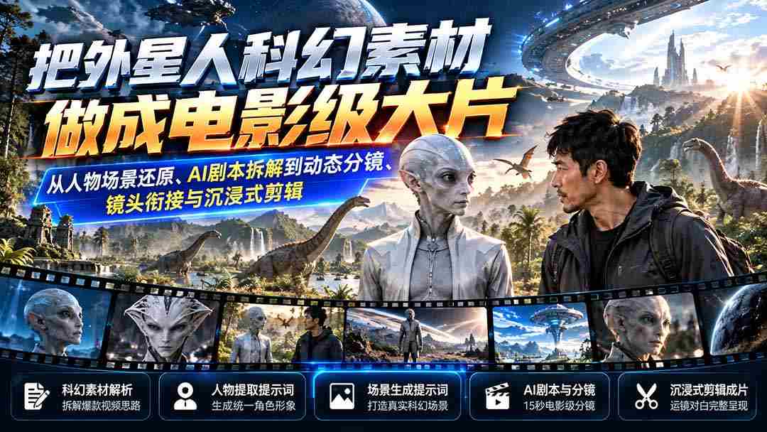 将科幻外星人元素打造成为电影巨制：全方位重现角色与场景、AI剧本剖析、动态分镜制作、镜头过渡与沉浸式剪辑技艺