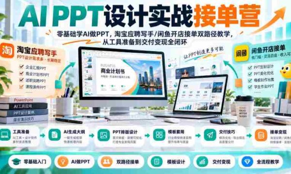AI PPT设计实战训练营：新手也能轻松驾驭AI制作PPT，揭秘淘宝写手和闲鱼店铺双通道，全流程指导从工具使用到成果变现
