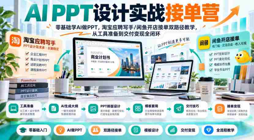 AI PPT设计实战训练营：新手也能轻松驾驭AI制作PPT，揭秘淘宝写手和闲鱼店铺双通道，全流程指导从工具使用到成果变现