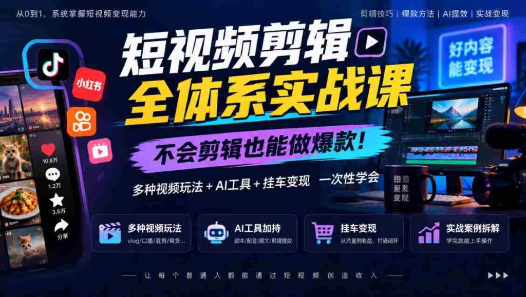 轻松掌握短视频剪辑秘籍，零基础打造热门内容，全方位学习视频制作、AI赋能及挂车盈利