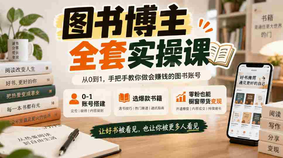 从零开始打造图书博主，一课掌握账号搭建与爆款书籍选择，粉丝零起步也能实现橱窗带货盈利