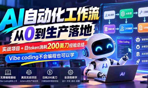 【无水印】AI自动化工作流从0到生产落地，实战项目+日token消耗200美刀经验总结，Vibe coding不会编程也可以学