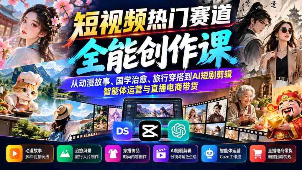 短视频爆款之路：涵盖动漫叙述、传统文化疗愈、旅游时尚搭配至AI剧集制作、智能助手运营及直播电商营销攻略