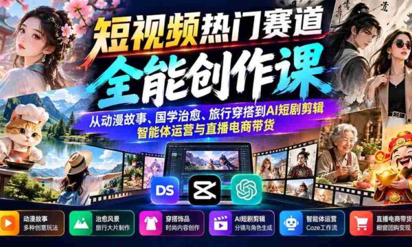短视频爆款之路：涵盖动漫叙述、传统文化疗愈、旅游时尚搭配至AI剧集制作、智能助手运营及直播电商营销攻略
