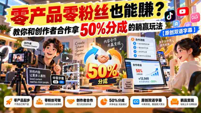 无门槛合作】无需粉丝也能盈利？揭秘创作者分成合作，轻松躺赚50%的秘诀【独家双语讲解