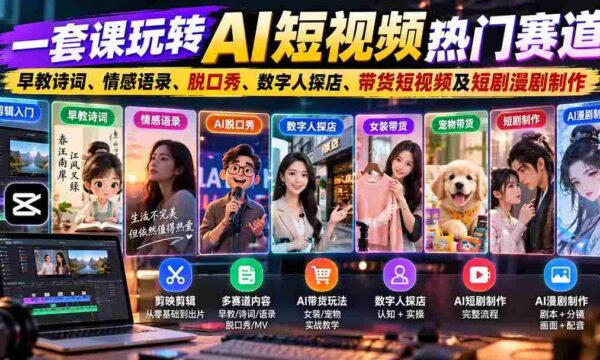 一套课玩转AI短视频热门赛道：早教诗词、情感语录、脱口秀、数字人探店、带货短视频及短剧漫剧制作  复制标题