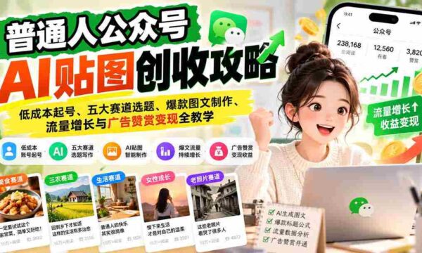 普通人公众号AI贴图创收攻略：低成本起号、五大赛道选题、爆款图文制作、流量增长与广告赞赏变现全教学