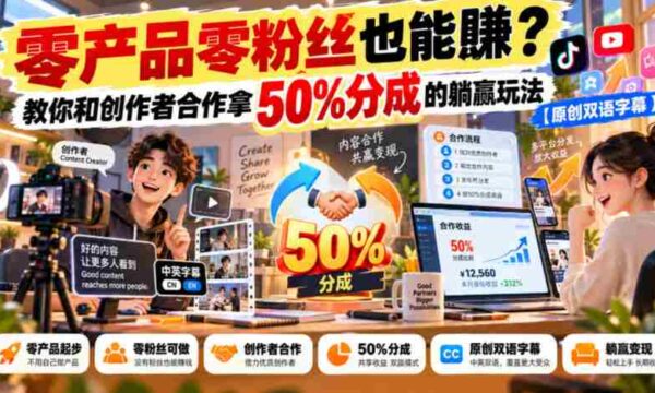 无门槛合作】无需粉丝也能盈利？揭秘创作者分成合作，轻松躺赚50%的秘诀【独家双语讲解