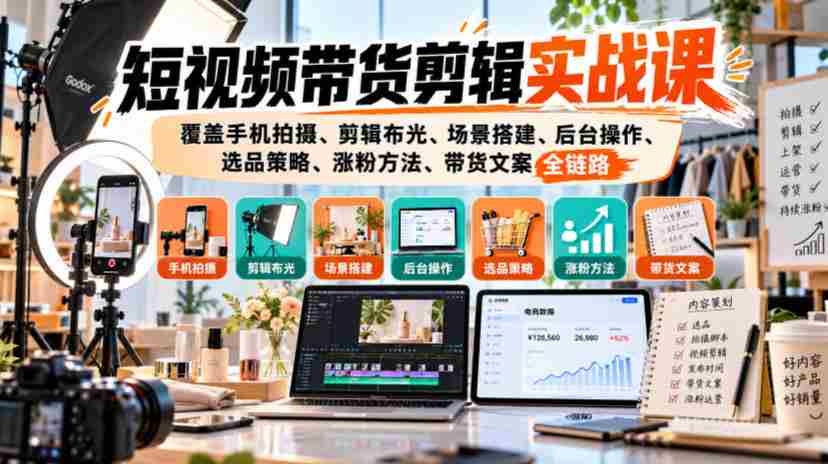 手机拍摄到粉丝增长：短视频带货全攻略，一课掌握剪辑、布光、选品与文案技巧