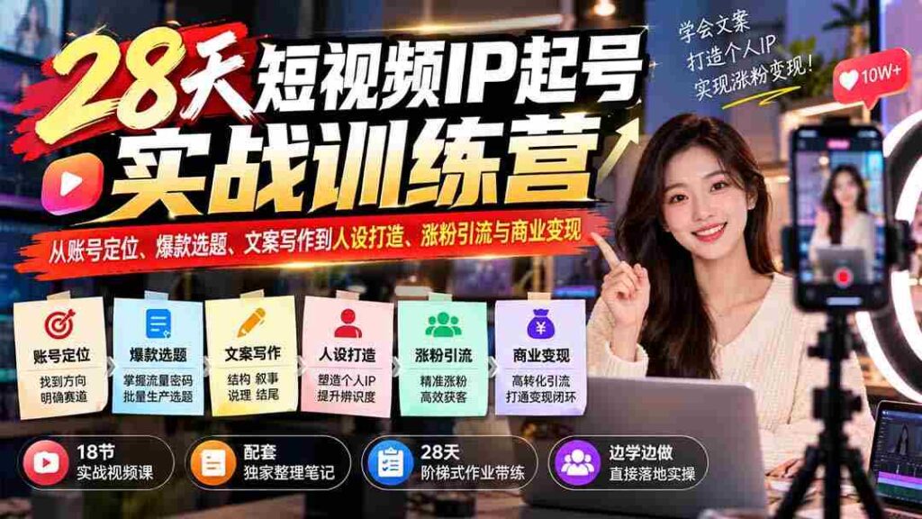 28天短视频红人孵化班：账号定位、爆款内容、文案创作、人设塑造、粉丝增长与盈利技巧一网打尽
