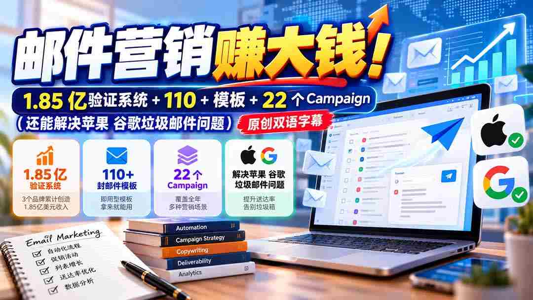 邮件营销赚大钱！1.85亿验证系统+110+模板+22个Campaign（还能解决苹果 谷歌垃圾邮件问题）【原创双语字幕】