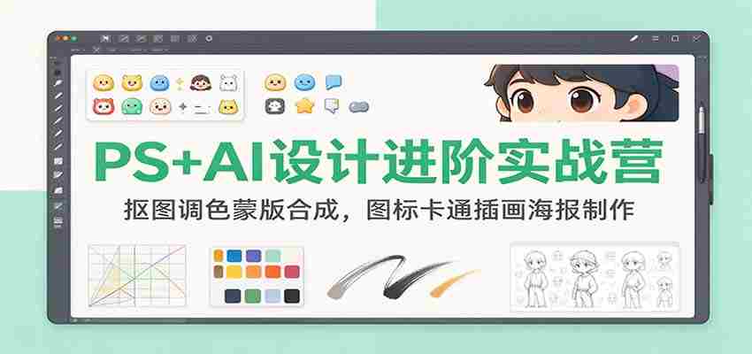 PS+AI设计进阶实战营：抠图调色蒙版合成，图标卡通插画海报制作