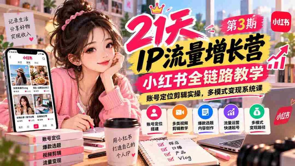 【无水印】21天IP流量增长营-第3期，小红书全链路教学，账号定位剪辑实操，多模式变现系统课