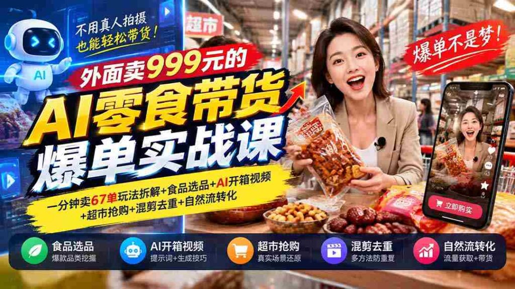 揭秘999元AI零食带货课程：67单/分钟销售秘诀+精选食品+AI开箱演示+超市抢购技巧+混剪去重+高效转化策略