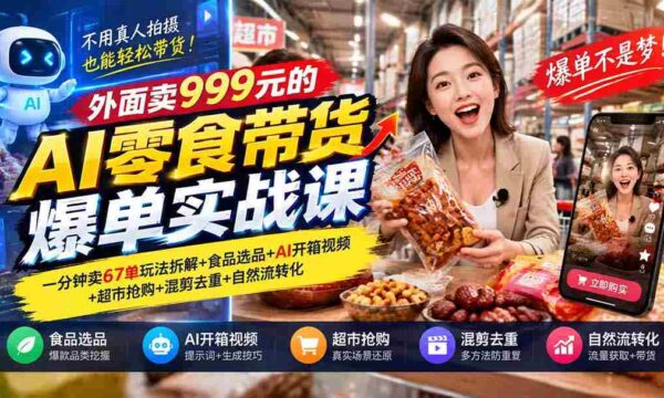揭秘999元AI零食带货课程：67单/分钟销售秘诀+精选食品+AI开箱演示+超市抢购技巧+混剪去重+高效转化策略