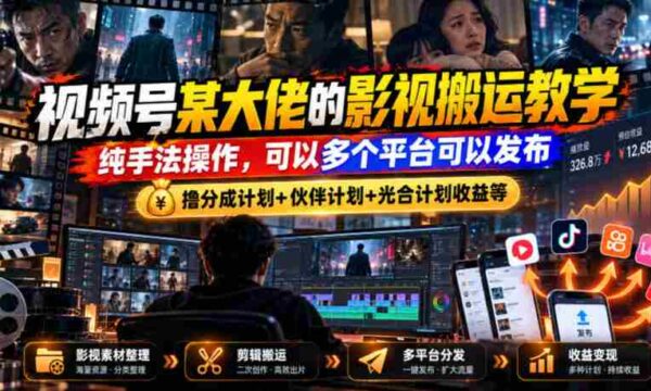 视频号某大佬的影视搬运教学，纯手法操作，可以多个平台可以发布，撸分成计划+伙伴计划+光合计划收益等
