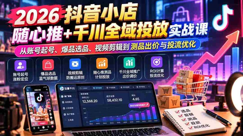 2026抖音小店全域营销攻略：账号搭建、爆款挖掘、视频制作全解析，揭秘随心推与千川投放技巧