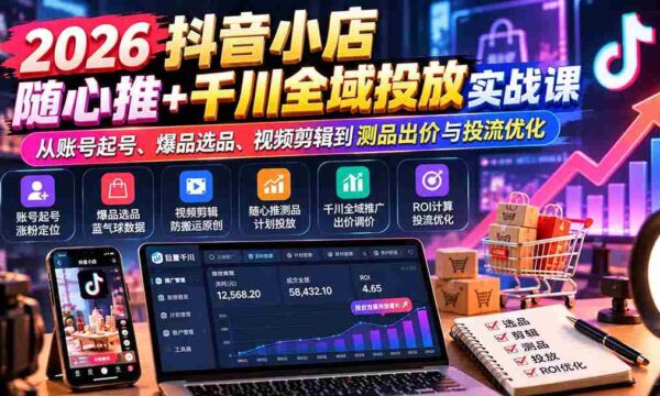 2026抖音小店全域营销攻略：账号搭建、爆款挖掘、视频制作全解析，揭秘随心推与千川投放技巧