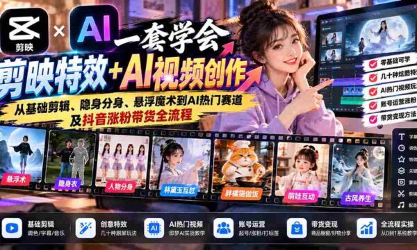 一套学会剪映特效+AI视频创作：从基础剪辑、隐身分身、悬浮魔术到AI热门赛道及抖音涨粉带货全流程
