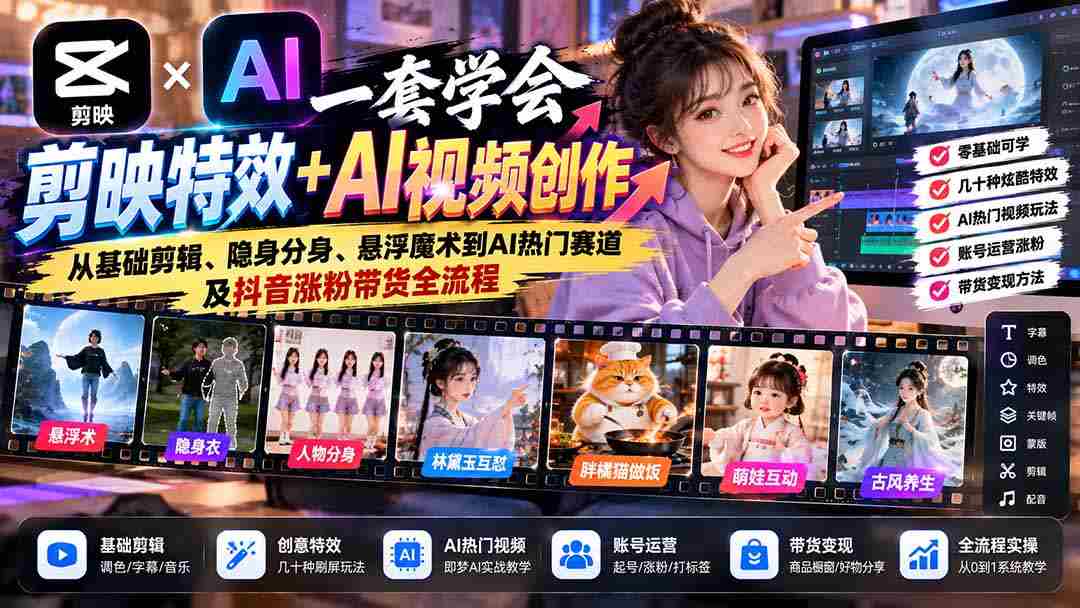 一套学会剪映特效+AI视频创作：从基础剪辑、隐身分身、悬浮魔术到AI热门赛道及抖音涨粉带货全流程