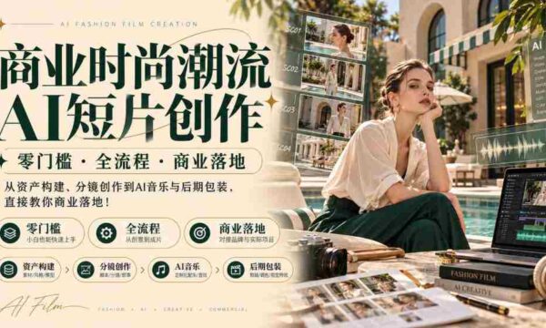 AI赋能时尚商业短片：零基础入手，全流程指导，助力商业成功，涵盖素材构建、镜头设计、AI音乐制作及后期制作，一站式教你实现商业价值！