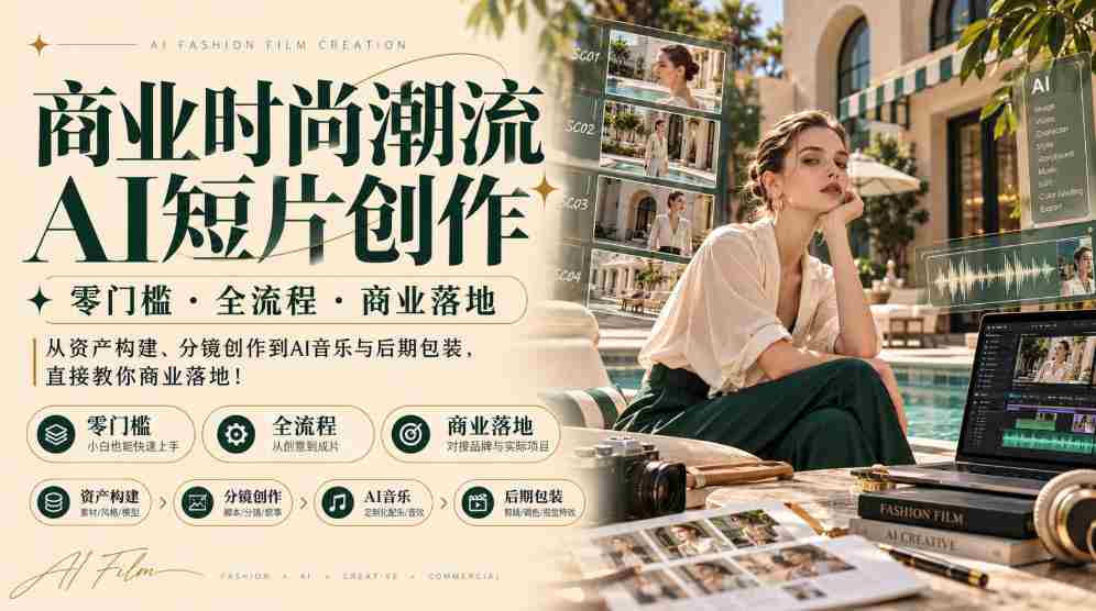 AI赋能时尚商业短片：零基础入手，全流程指导，助力商业成功，涵盖素材构建、镜头设计、AI音乐制作及后期制作，一站式教你实现商业价值！