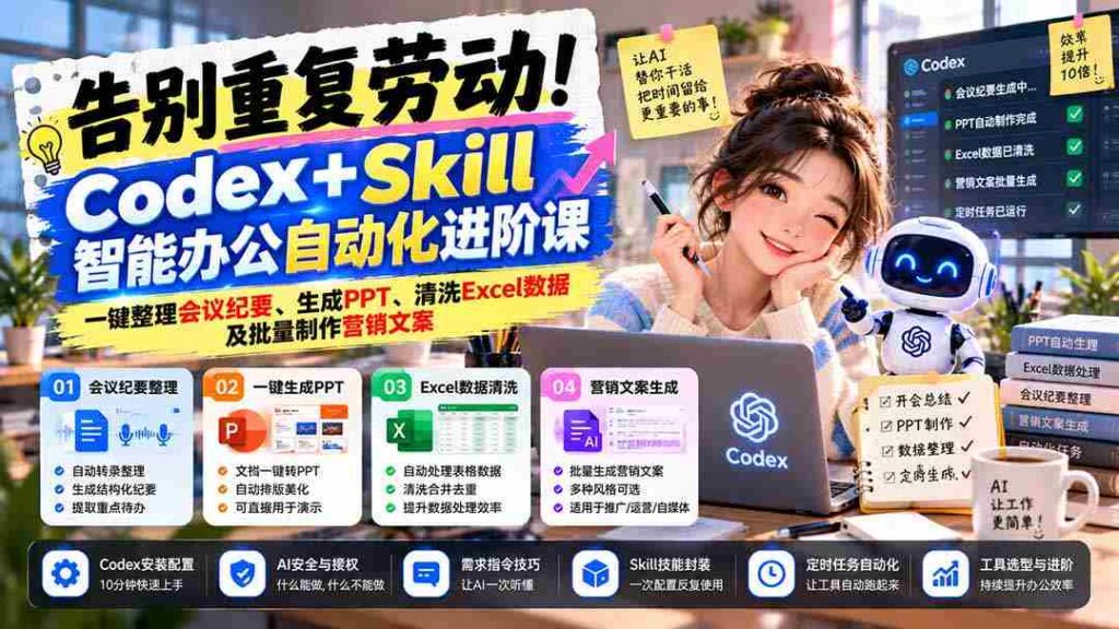 智能办公新篇章！Codex+Skill自动化课程：轻松整理会议、高效制作PPT、清洗Excel、批量生成营销文案