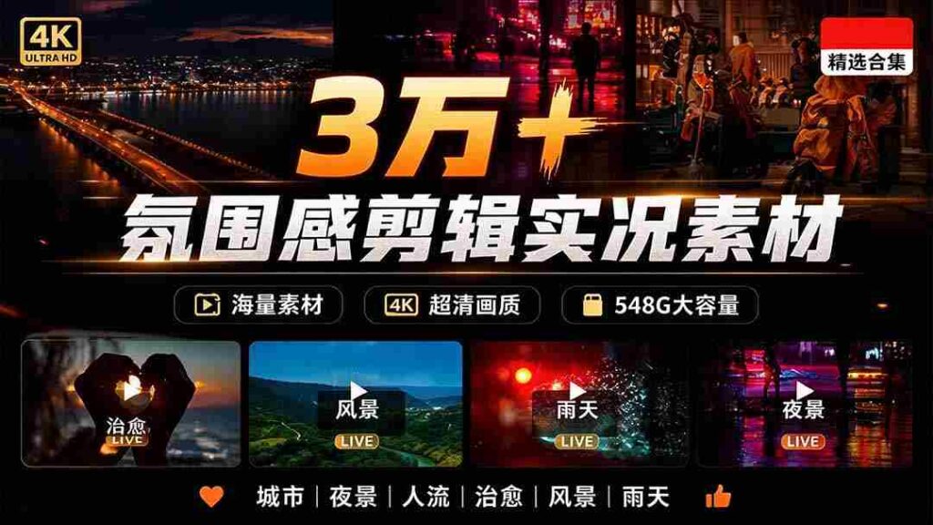 海量高清场景素材，涵盖雨雪夜街，3万+唯美励志短视频，伤感情绪一网打尽，无水印下载随心所欲
