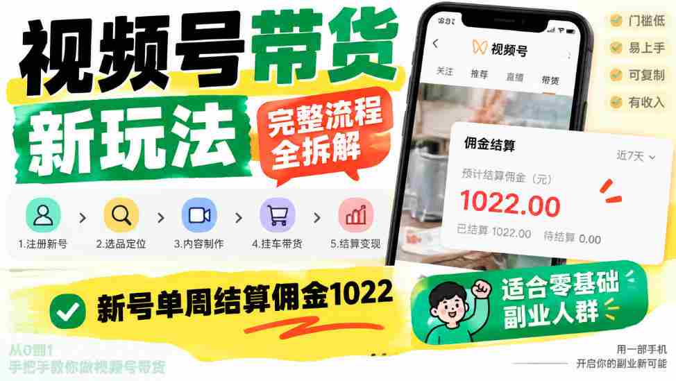 揭秘视频号带货新攻略：全程解析操作步骤，新手轻松一周赚千佣金，副业优选！