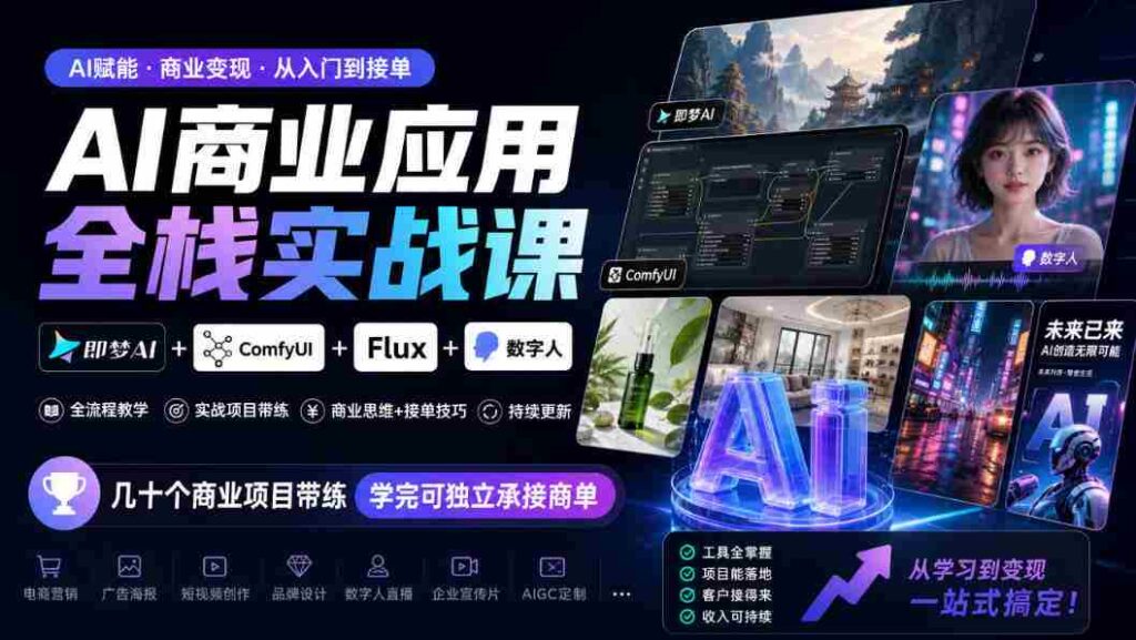 探索AI商业全栈实战：梦AI+ComfyUI+Flux+数字人融合，实战项目多角度训练，掌握技能即可独立接单（10月更新）
