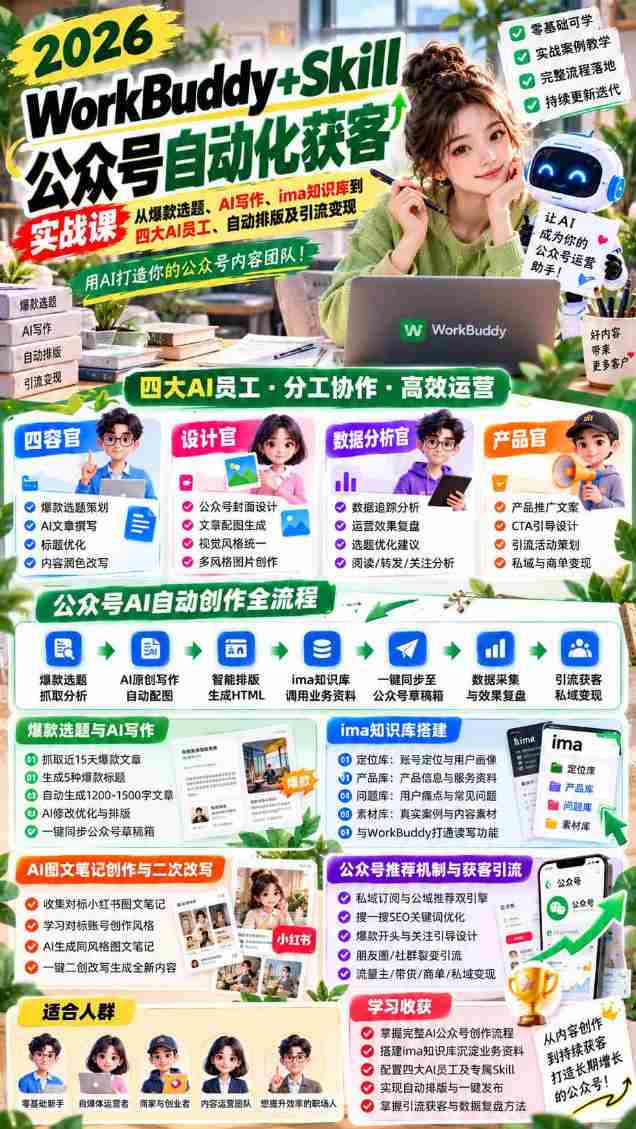 2026WorkBuddy+Skill公众号自动化获客实战课，从爆款选题、AI写作、ima知识库到四大AI员工、自动排版及引流变现，用AI打造你的公众号内容团队